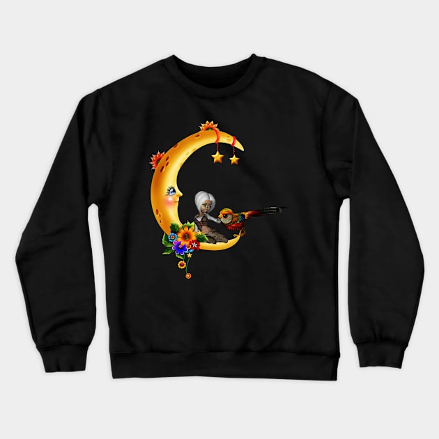 Little girl with fantasy bird on the moon Crewneck Sweatshirt by Nicky2342